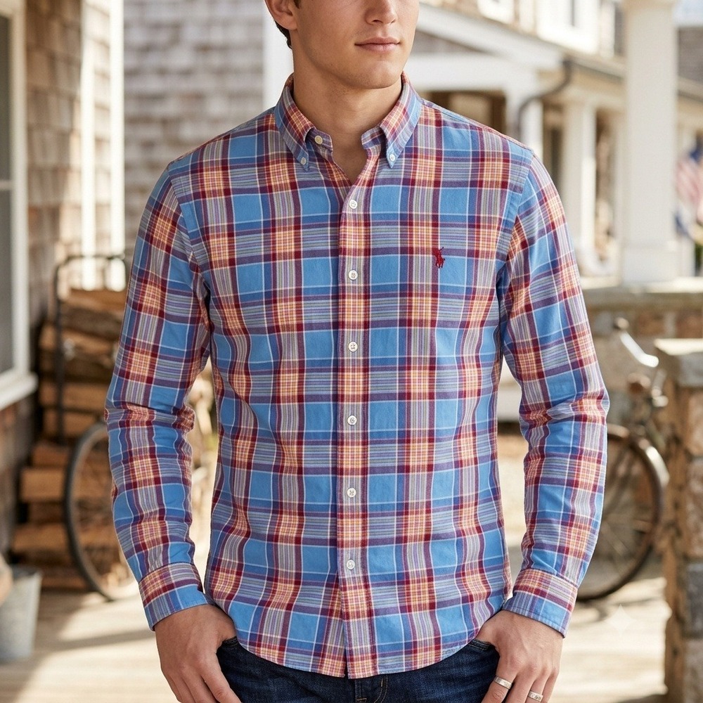 Ralph Lauren Button Down Men Large Blue Plaid Custom Fit Long Sleeve Cotton